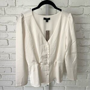 NWT J.Crew White Satin Puff Sleeve Blouse with Button Front (Size 2)